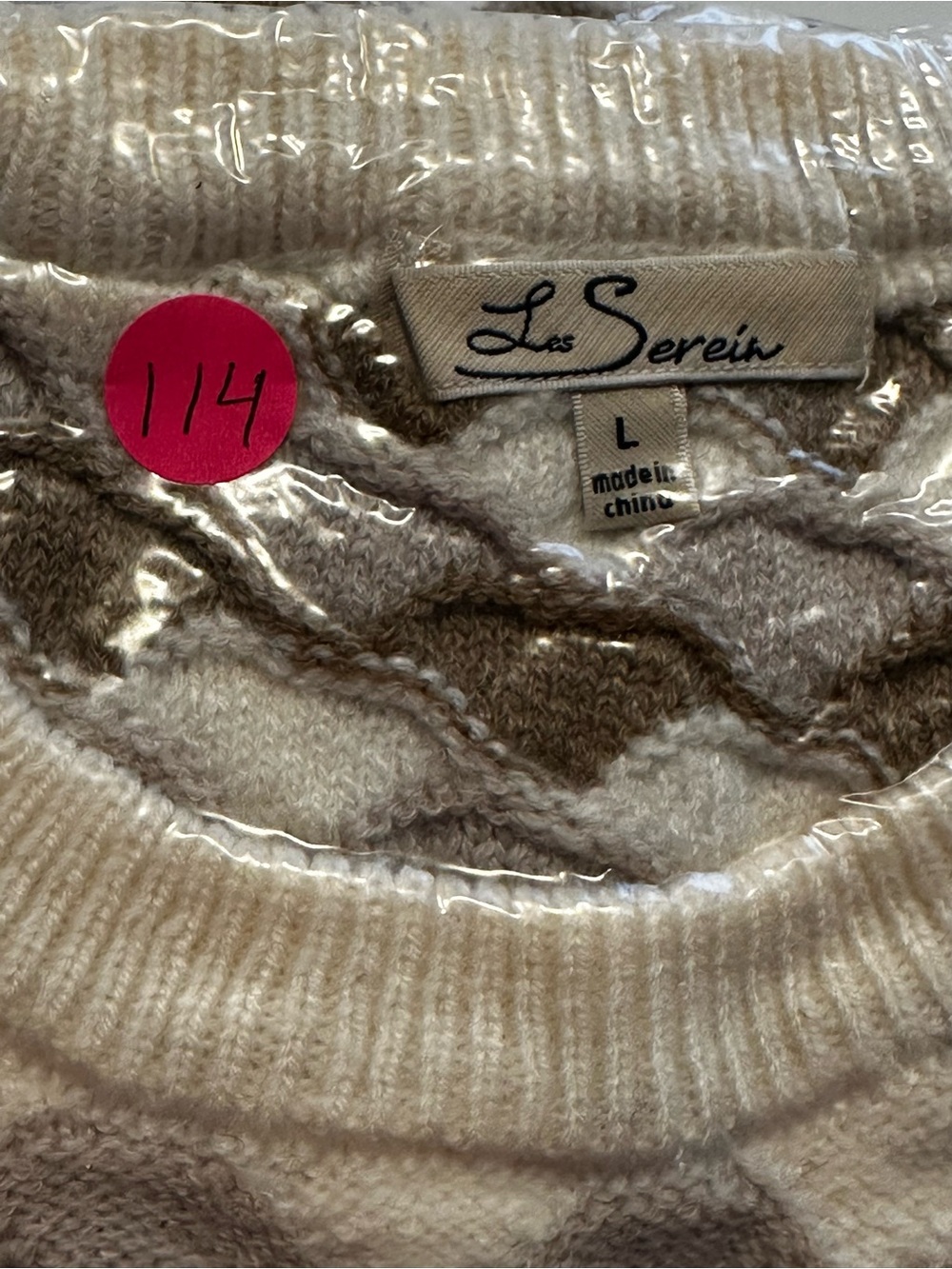 Les Serein Camel & Ivory Chevron Print Mod Short Sleeve Sweater Sz L Boho Chic - Picture 8 of 8